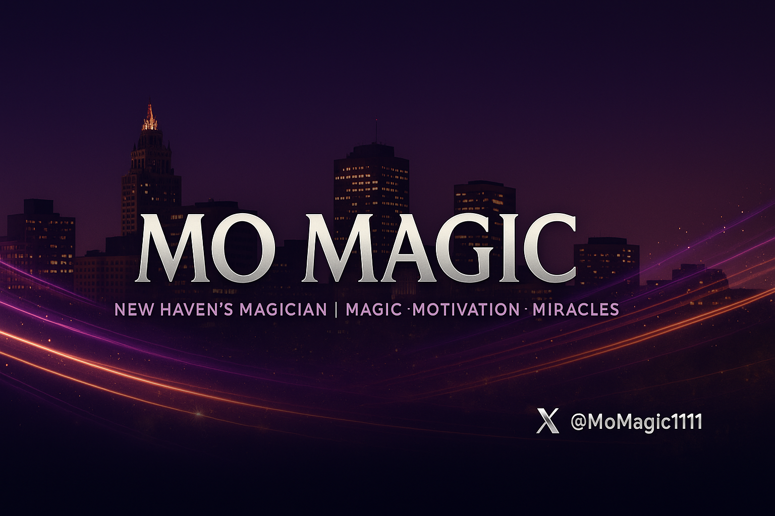 Mo Magic banner — New Haven skyline with purple light trails