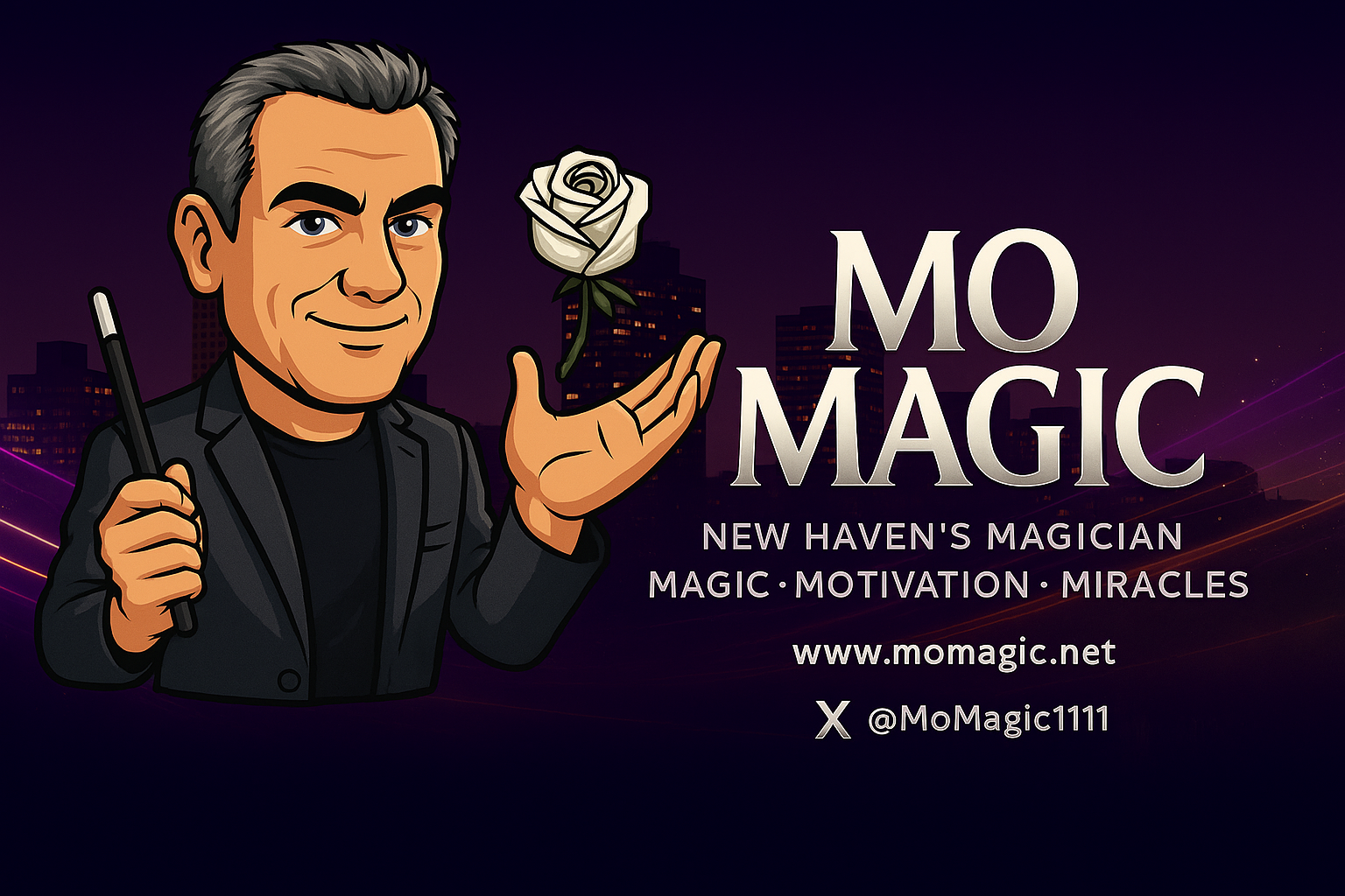 Mo Magic banner — New Haven skyline with purple light trails